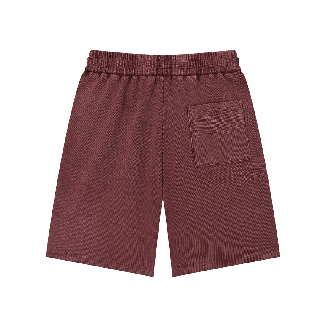 Back view of maroon shorts with elastic waistband and side pocket for casual wear.